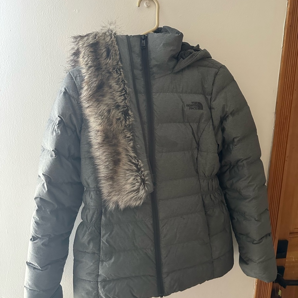 The North Face Women's Gray Puffer Coat with optional fur